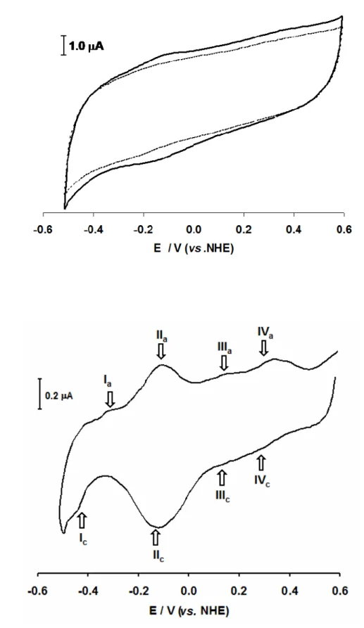 Figure 3.2 – Cyclic voltammogram of the immobilized Pseudomonas nautica NOR. Panel A shows the cyclic  voltammogram at 500 mV.s -1  (black line) and the correspondent control experiment (without protein,  dashed line)