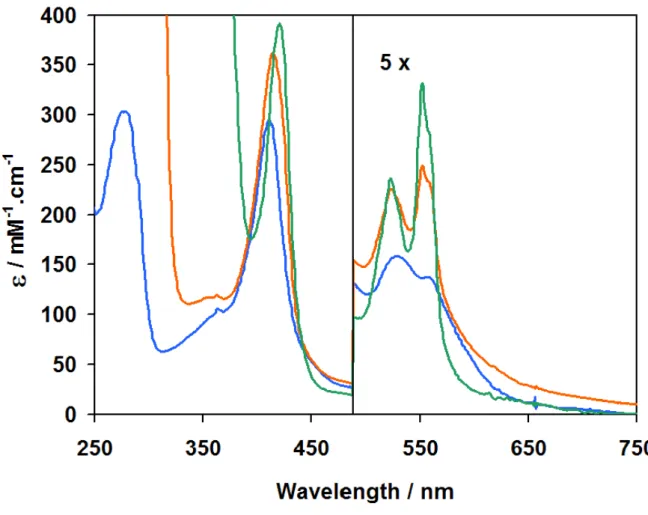 Figure 2.4 – The UV-visible absorption spectra of the purified Pseudomonas nautica NOR in different  redox states: as-isolated form (blue line), sodium ascorbate reduced (orange line) and sodium dithionite  reduced (green line)