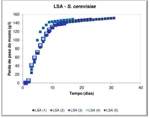 Figura 3.15: Perfil das fermentações da LSA comercial e respectivas réplicas (). 
