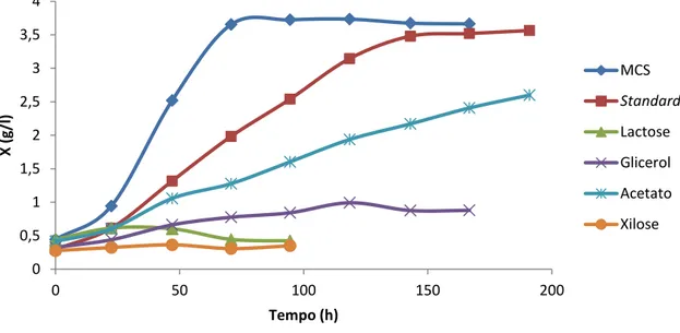Figura 3.1.: Gráfico esquemático do crescimento de Chlorella protothecoides em erlenmayers agitados, em 5  fontes de carbono diferentes, glucose, lactose, glicerol, acetato e xilose