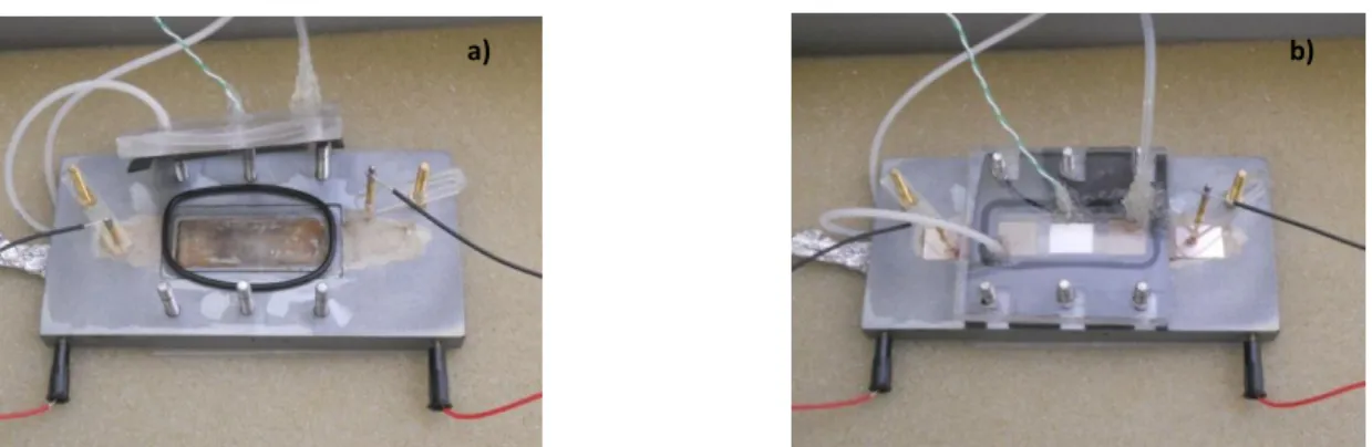 Figure 2.3 a) Opened reaction chamber b) Film system placed inside the reaction chamber 