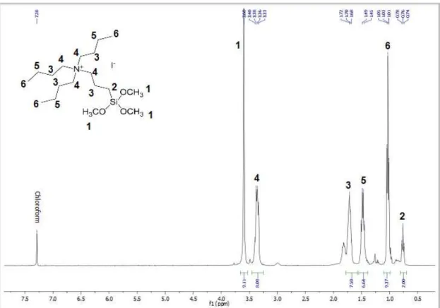 Fig.  3.10.  -  Liquid  State  1 H  NMR  Spectrum  of  N  N-(3-trimethoxysilylpropyl)tributylammonium  iodide, in deuterated chloroform