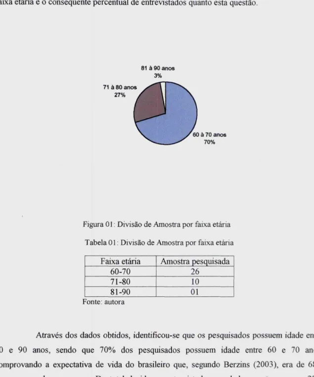 Figura 01: Divisão de Amostra por faixa etária Tabela 01: Divisão de Amostra por faixa etária