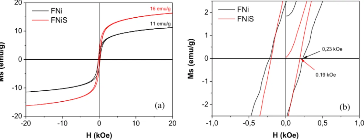 Figura 5:  Comportamento magnético das amostras em estudo: (a) Curvas de histerese magnética referente às amostras  FNi e FNiS; (b) Zoom da região central das curvas de histerese das amostras FNi e FNiS