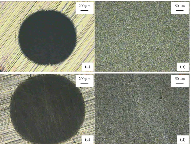 Figura  10: Crateras de desgaste geradas nos corpos-de-prova de (a)-(b) WC-Co P20 e (c)-(d) aço-ferramenta M2, com  atuação de desgaste micro-abrasivo por rolamento em ambos os casos