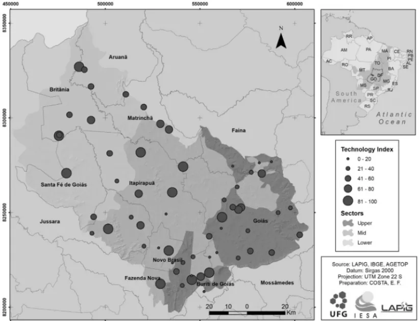 Figure 5 – Spatial distribution of the beef production units of the Vermelho basin, in Goi´as, Brazil, showing their technological indices (TIs) – 2016.