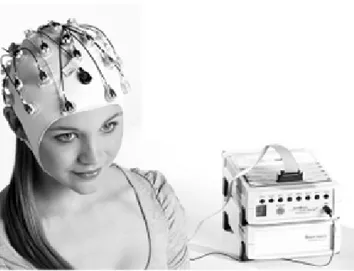 Figura 1. Participante com touca de 32 eletrodos conduzindo  a eletricidade cortical para o EEG do sistema BrainVision™ 