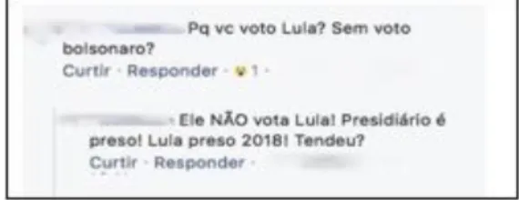 Figura 3 – Estratégia linguística de utilização de caixa alta e reescrita dos dizeres “Lula  Presidiário 2018”  