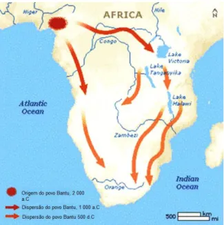 Figura 3 – Migração do povo Bantu (adaptado de http://www.face-music.ch/artuganda/bantumigration.jpg,  visualizado a Agosto de 2014) 