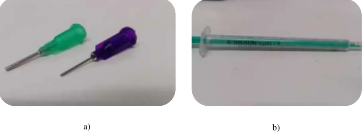 Figura 3.1 Material utilizado nos teste de extrusão: a) agulhas de aço inoxidável; b) seringa de 1ml