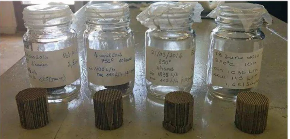 Figure 2.2 - Catalyst samples. From left to the right: DOC 750ºC 4h, DOC 750ºC 10h,  DOC 850ºC 4h  and DOC 850ºC 10h 