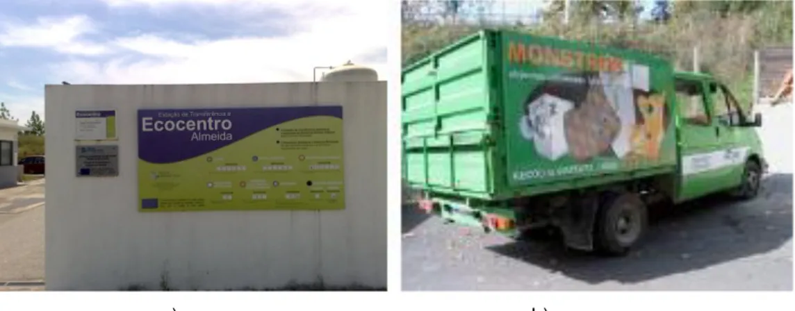 Figura 4.2. Deposição de resíduos urbanos volumosos: a) Ecocentro (ETECO de Almeida, 2011); b) Serviço de  recolha municipal (Águas da Covilhã, Câmara Municipal da Covilhã, 2011) 