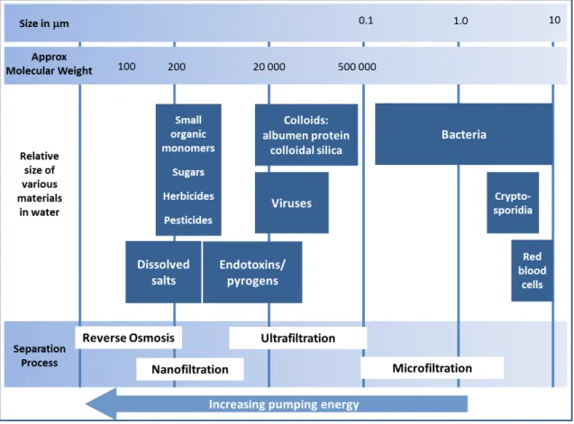 Figure  2.2.  Classification  of  membranes  and  characteristic  retained  compounds,  based  on  membrane separation ranges and particle sizes, respectively (adapted from Judd (2006))