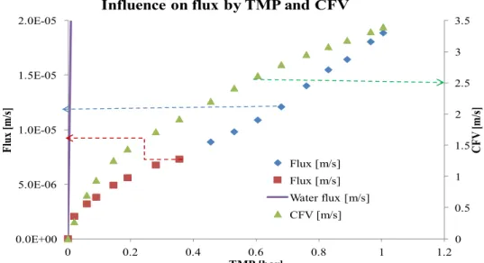 Figure 4: Effect of the applied TMP and CFV on the permeation flux during filtration of milk