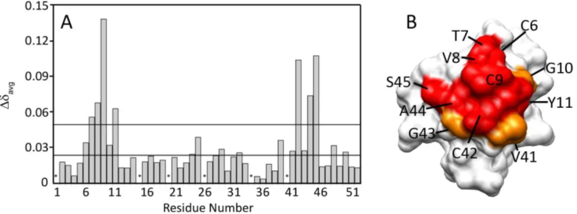 Figure II.7 - (A) Chemical shift change of the cytochrome c3-rubredoxin complex, determined  by heteronuclear 2D NMR titration at 298 K in 10 mM Tris–HCl buffer, pH 7.6, as described in  Section  2