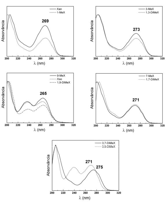 Figura   4.2   –   Espectros   UV   da   xantina   e   seus   derivados   metilados,   em   solução   aquosa   a   pH   3,   obtidos   por   HPLC   com   detector   de   fotodíodos