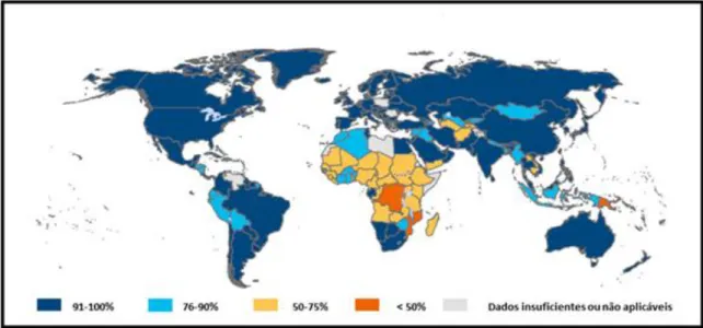 Figura  1.1.    População  com  acesso  a  fontes  de  água  de  consumo  melhoradas  em  2012  adaptado  de  (“Drinking Water and Sanitation Progress on,” 2014)