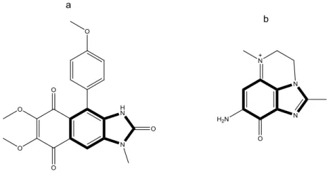 Figura 1.9 - a – Estrutura de um alcaloide com núcleo benzimidazole, kealiquinona; b – Estrutura de uma  imidazoquinoxalinona