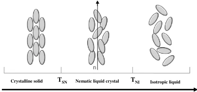 Figure 1.3 – Schematic representation of the sequence of phase transition between solid, nematic liquid  crystal and isotropic liquid by increasing temperature (adapted from ref
