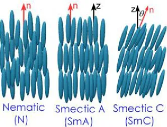 Figure  1.1:  Ordered  phases  of  a  thermotropic  liquid  crystal  arranged  from  left  to  right  in  order  of  increasing  order and decreasing temperature 27.