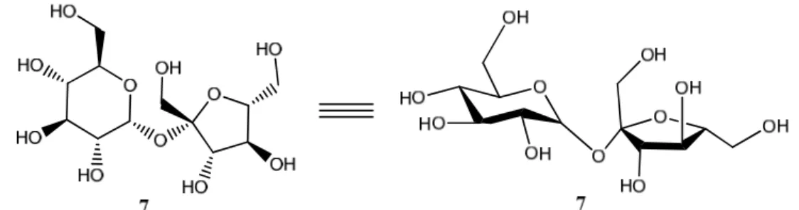 Figura 1.14 – Estrutura da sacarose representada bi-dimensionalmente à esquerda, e tri- tri-dimensionalmente à direita.