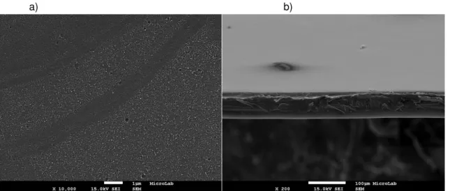 Figura 3.1. Imagem SEM da superfície (a) e do respectivo corte (x 10.000) (b) da membrana de Matrimid ® 5218  (x 200)