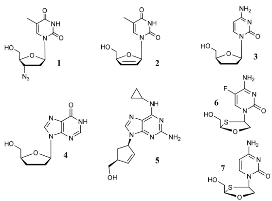 Figura 3 - Estrutura de NRTIs aprovados pelo FDA: Zidovudina (1), Estavudina (2), Zalcitabina (3),  Didanosina (4), Abacavir (5), Emtricitabina (6) e Lamivudina (7)