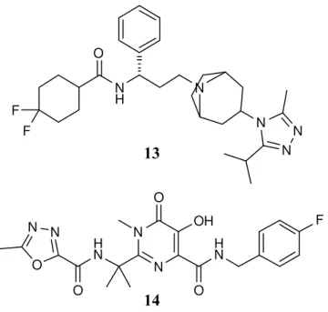Figura 7 - Estruturas de um antagonista dos co-receptores, o maraviroc (13) e de um inibidor de integrase  o raltegravir (14), utilizados na terapia anti-HIV