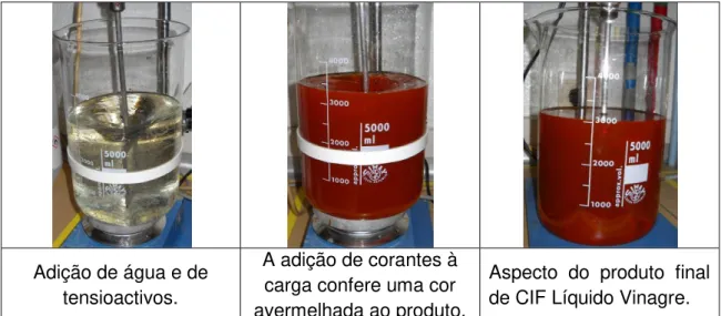 Figura 4.6: Ilustração de algumas etapas da realização do detergente CIF Líquido Vinagre 