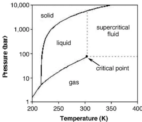 Fig. 1.1 Phase diagram of carbon dioxide, highlighting its critical point. Image taken from ref   6 
