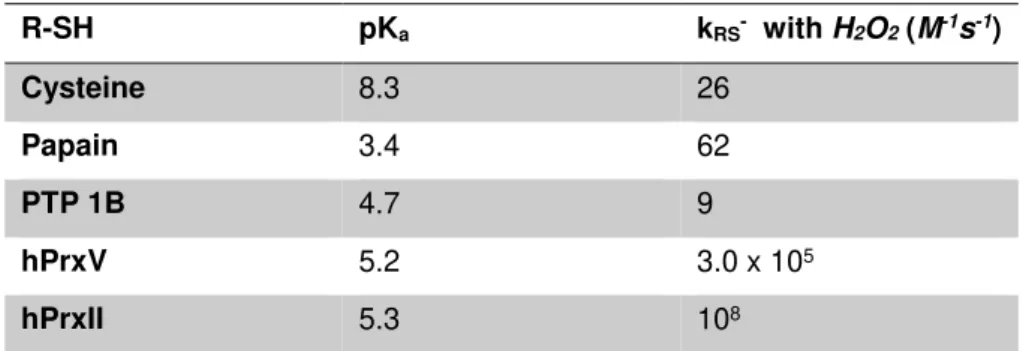 Table 1.2| Acidity and Hydrogen Peroxide reactivity of several protein thiolates. 