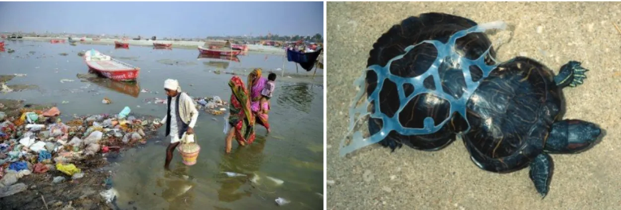 Figure  1.2  –   Plastic  pollution.  A  –   Devotees  cross  the  polluted  waters  of  the  Ganges  river,  April  2013  (AFP, 2013)