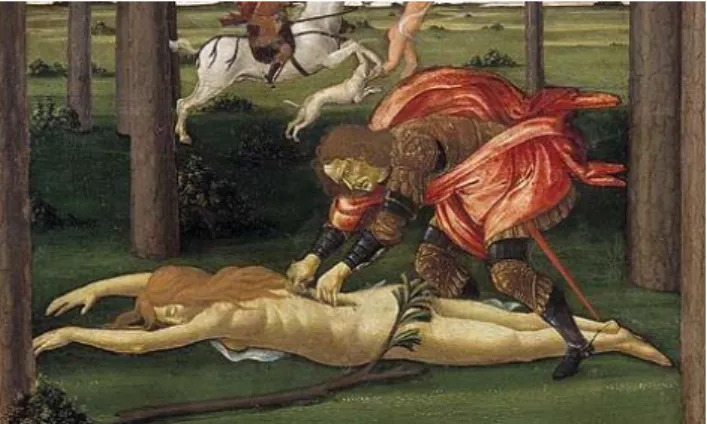 Figura 5 – Sandro Botticelli, Detalhe de História de Nastagio degli Onesti (painel I –   detalhe da Caça infernal) 1482-1483 têmpera sobre madeira