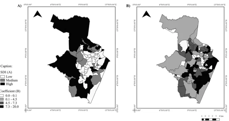 Figure 3.  Thematic maps of the social deprivation indicator per neighborhood (A) and the avoidable perinatal mortality coefficient (B)