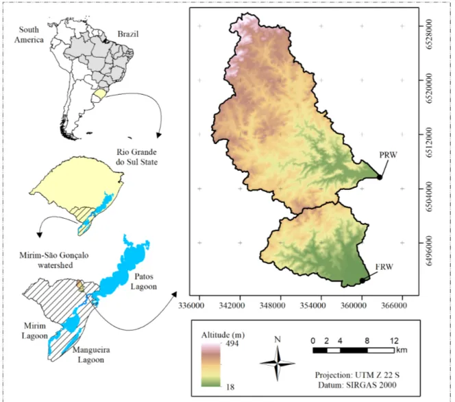 Figure 1: Location of the Mirim-São Gonçalo watershed in the Brazil, the study area and digital elevation models  of Fragata and Pelotas river watersheds.