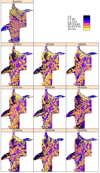 Figure 5: Spatial predictions of k = 6 groups of soil classes using multinomial logistic regression models calibrated  using satellite images (baseline, p = 3) and digital elevation models (p = 13) with different levels quality – given the  definition of q