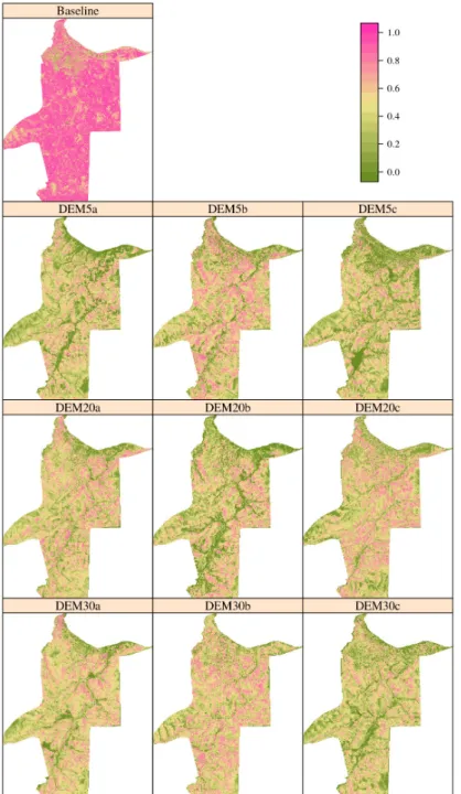 Figure 6: Shannon entropy (uncertainty) of predictions of multinomial logistic regression models calibrated using  satellite images (baseline, p = 3) and digital elevation models (p = 13) with different levels quality (as defined in  this study).