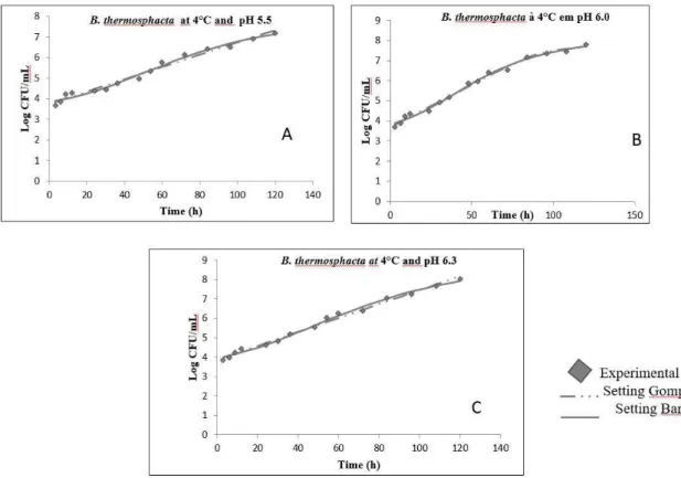 Figure 1. Primary growth modeling of B. thermosphacta at 4 °C and pH 5.5 (A), pH 6.0 (B) and pH 6.3 (C).