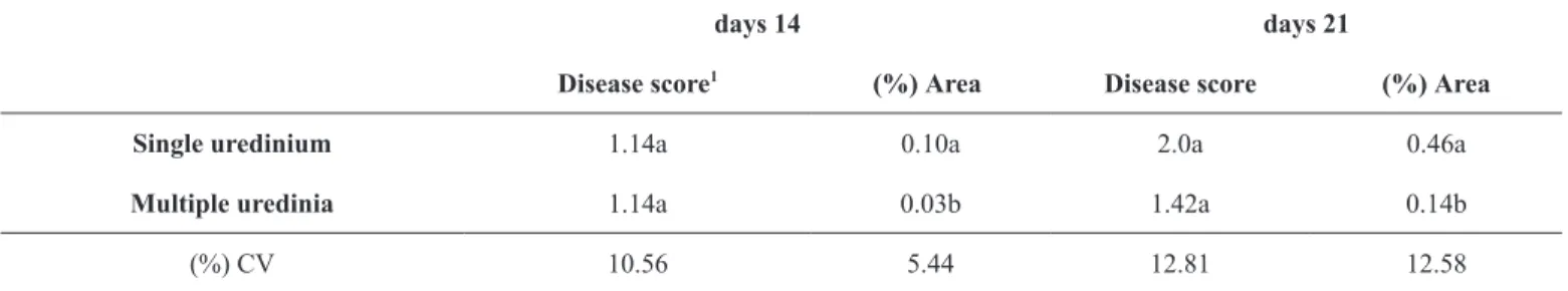 Table 3. Reaction of sugarcane cultivar RB975201 to Puccinia kuehnii in terms of disease score and percent diseased area, evaluated at 14 and  21 days post-inoculation, according to the inoculation method.