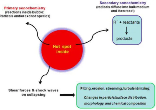 Figure 1.3: Schematic representation of primary and secondary eﬀects of cavitation [7].