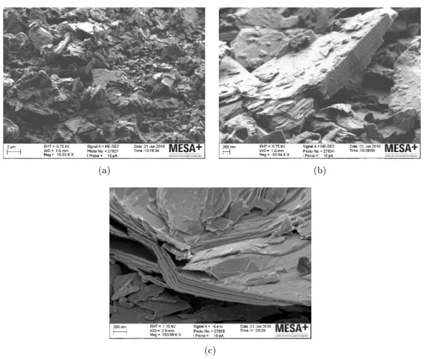 Figure 3.5: SEM images for the BBNP sample with (a) an overview of the sample, (b) an image of one of the bigger ﬂakes and (c) shows signs of deformation on the ﬂakes.