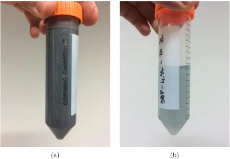 Figure 3.7: BBP sample before centrifugation (a) and its dispersion after centrifugation (b) showing a substantial decrease in the concentration of the dispersion after centrifugation.