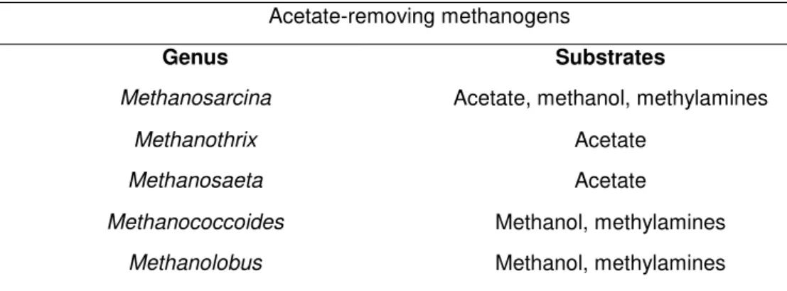 Table 1.2- Genus of acetate-removing methanogens and possible substrates (adapted from Wong and Chu 2003)