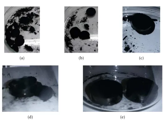 Figure 3.2: Activated Carbon Binderless Disks: (a) Batch Y1 &amp; Y2; (b) Batch Y3 &amp; Y4; (c) Batch Y5; (d) Batch Y6; (d) Batch Y7 &amp; Y8.