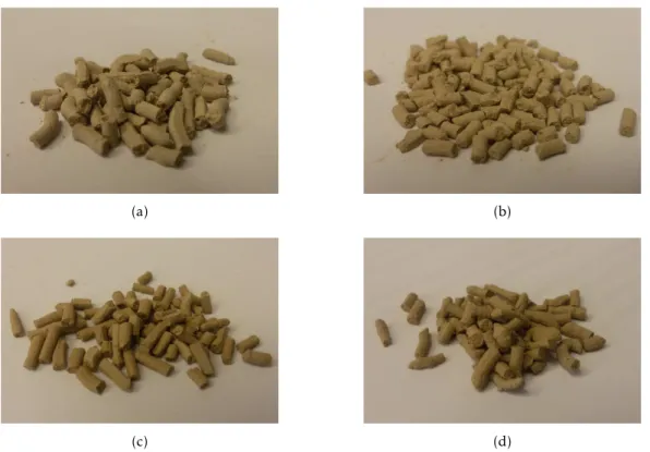 Figure 4.3: Selected MIL-53(Al)-PVA Dried Batches: (a) Batch B1 (with 2% PVA); (b) Batch B3 (with 5% PVA); (c) Batch B5 (with 10% PVA); (d) Batch B7 (with 15% PVA).