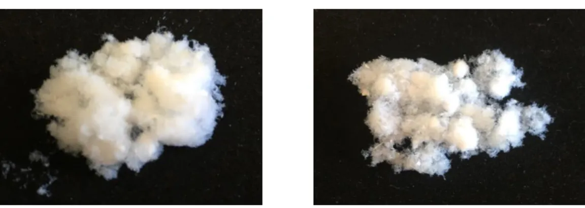Figure 3.1 - Photographs of the aerogel fibres produced with different chitosan MW (low and medium)
