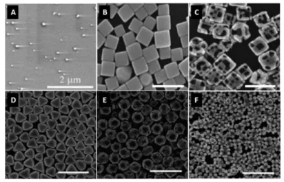 Figure  1.  5|Scanning  electron  micrographs  of  NPs  with  different  morphology.  Several  examples  of  SERS-active  nanostructures:  (a)  nanospheres;  (b)  nanocubes  (c)  etched  nanocubes  (d)  octahedra  (e)  etched  octahedra  (f)  octapods  (ad