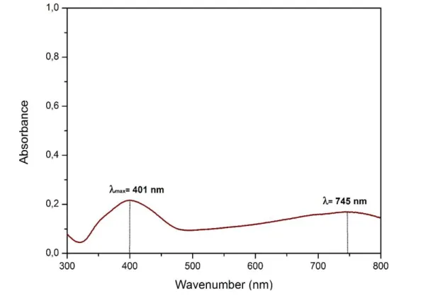 Figure 4. 2|UV-Vis spectrum after an aggregation with NaCl (50 mM) of AgNPs. The aggregated AgNPs present two main  LSPR bands centred approximately at 401 nm (corresponding to non-aggregated species) and  ≈ 745 nm (a very wide and  broad band)