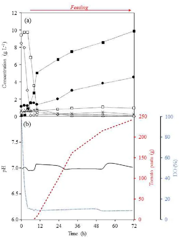 Figure 3.2: Cultivation proﬁle obtained in Experiment B for the cultivation of Enterobacter A47 under a  DO-stat mode, using tomato paste as sole substrate: (a) glucose ( ), fructose (□), ammonium  ( ),  phos-phate (×), CDM ( ) and polymer ( ); (b) pH ( ),