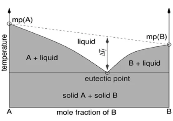 Figura 5 - Representação de um equilíbrio sólido-líquido com o ponto eutéctico  [3] . 